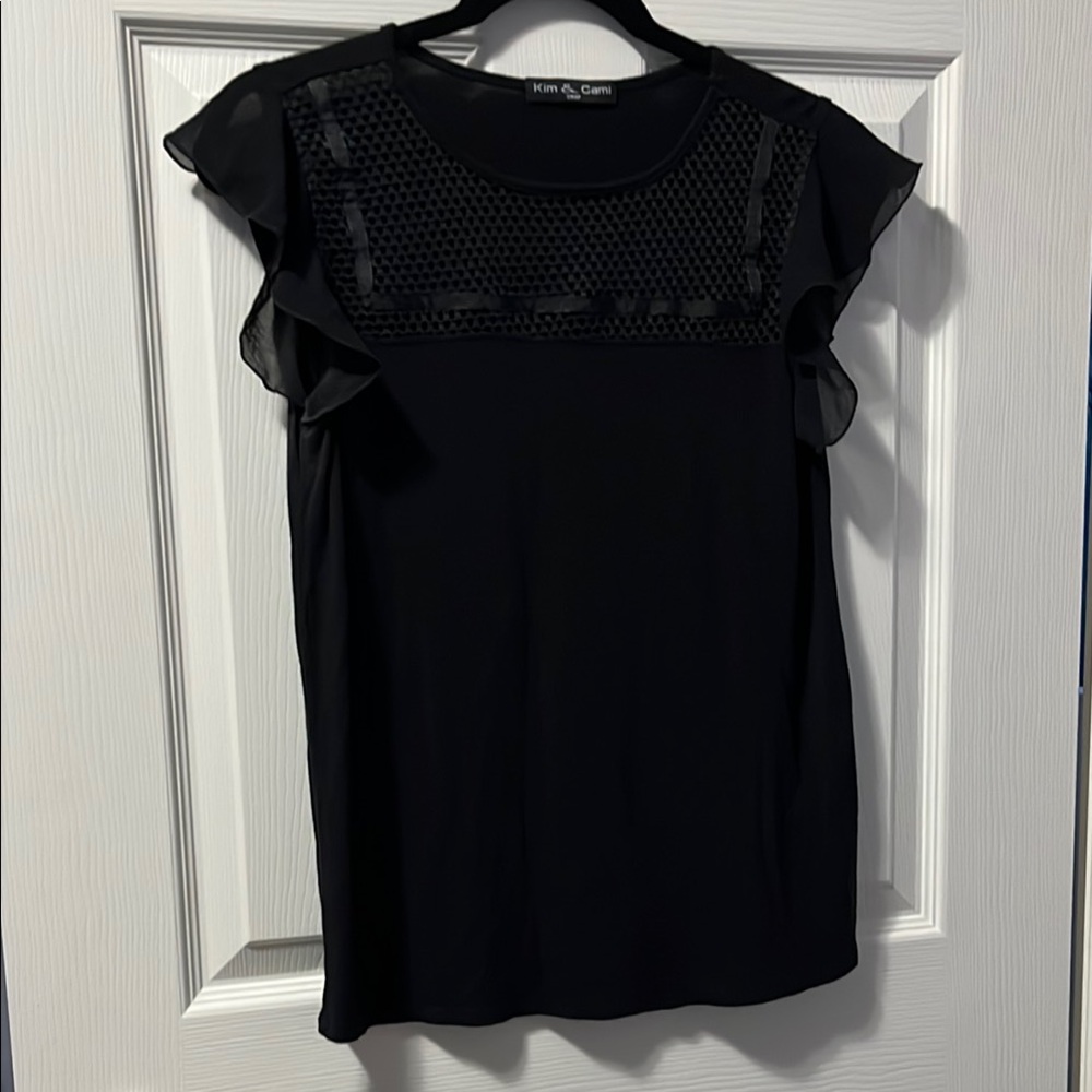 Women's Kim & Cami Black Ruffled Sleeveless Blouse Mesh Loose Dressy Small-Med